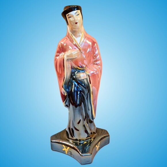 Tall mid-century Hollywood Regency lusterware Chinese pink black gold statuette - Picture 13 of 16